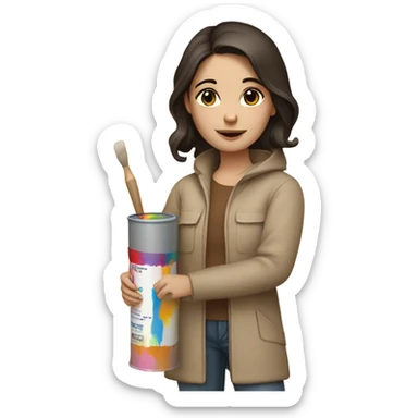 fair-skinned girl with dark hair and brown eyes in beige and brown clothes holding tubes of art paint paint sticker