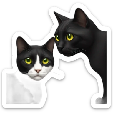 one black cat with green eyes and White stain on chest next to an other full black with yellow eyes. sticker