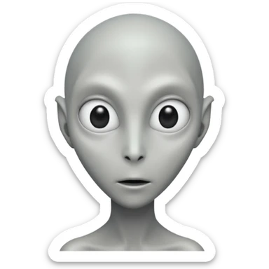 Portrait of a grey alien with large black eyes, thin face, elongated head, smooth grey skin, minimalist design sticker