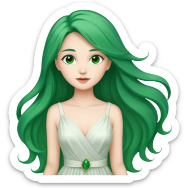 Woman with Long Emerald Hair – flowing green hair, elegant look, white dress sticker