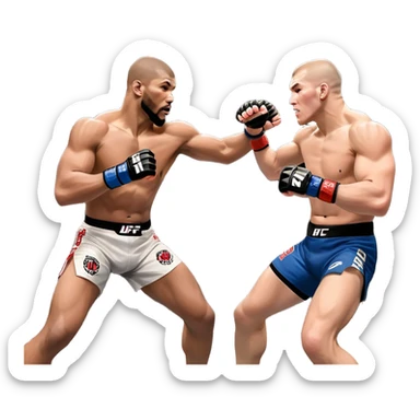 wo MMA fighters in the octagon, one delivering a strong punch while the other defends with a guard. The background shows the UFC octagon with the crowd in the distance. Transparent background emphasizes the dynamic intensity and skill of mixed martial arts. sticker