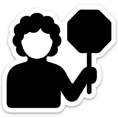 brunette person with curly hair holding a stop sign, solid filled icon sticker