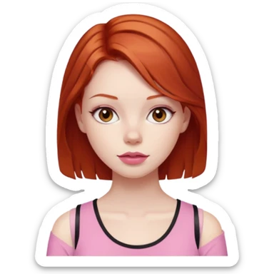 Redhead girl with deep brown eyes, pale skin with light red lips wearing a pink strap shirt sticker