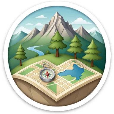 An icon featuring a local map, a compass, and regional landmarks, symbolizing local studies. The design includes a tree, mountains, and buildings, representing the unique geography and culture of a specific area. Transparent background highlights the exploration of local history and environment. sticker