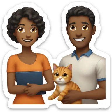 a happy light-brown woman with black hair and a happy brown man with brown hair are friends and holding an orange cat sticker