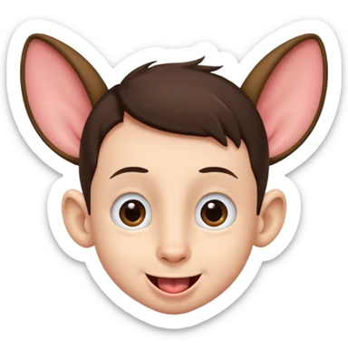 a brunette boy with small eyes with big human ears and with his tongue out sticker