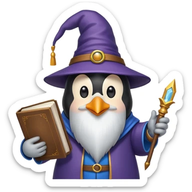 penguin wizard with a long beard holding a book sticker