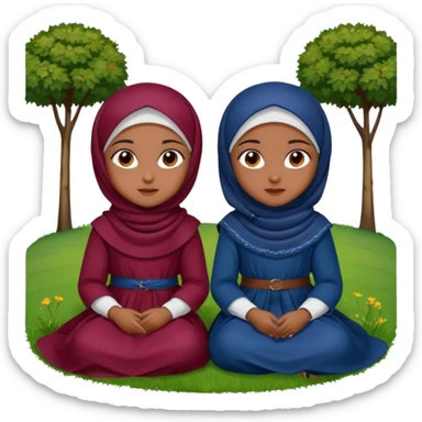 Turkish beautiful finish Konya two girls (friends) brown eyes and with dark blue and burgundy hijab islamic dress and sitting on grass  sticker