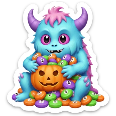 Candy Monster – a tiny pastel-colored monster hugging a pile of Halloween candy.  sticker