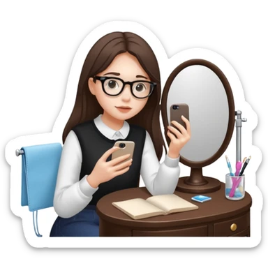 Girl sitting at vanity taking out picture with iphone 15 plus and study materials on the vanity sticker