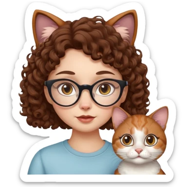 character with brown curly hair, doe eyes, white skin, cat eye glasses, different pose sticker