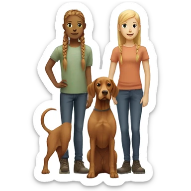 Two vizslas standing side by side with blond girl with braids sticker