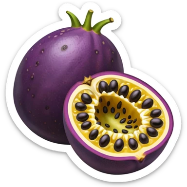 whole round purple passion fruit with slightly wrinkled matte skin next to halved piece showing vibrant yellow pulp with glossy black seeds juicy jelly-like texture bold contrast between rind and interior no leaf spoon or extras soft lighting subtle shadows emoji scale sticker
