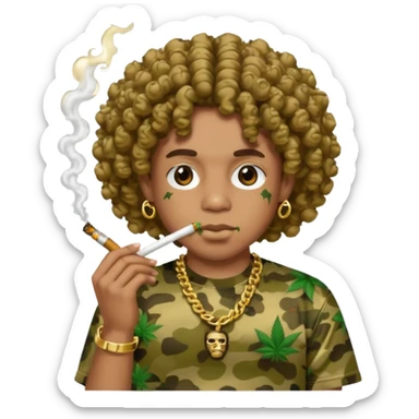 curly hair wearing bathing ape shirt smoking weed with grills sticker