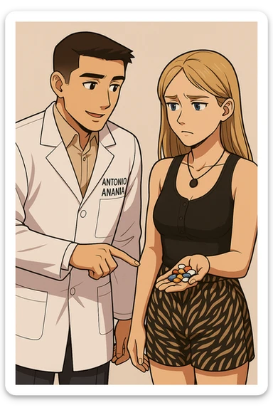 fai un webtoon/manga a colori con questo kinesiologo in camice bianco (fagli la scritta "ANTONIO ANANIA" SUL CAMICE) CHE PARLA CON QUESTA RAGAZZA CON GLI OCCHI AZZURRI. LA RAGAZZA HA UN PUGNO DI INTEGRATORI IN MANO (TANTE PILLOLE DIVERSE) E LE GUARDA DUBBIOSA. IL KINESIOLOGO CON IL CAMICE BIANCO LE TOCCA LA PANCIA CON UN DITO. NON FARE I FUMETTI, FAI SOLO LORO COME SE DIALOGASSERO sticker