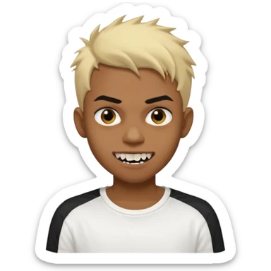 Black Male Teenager with Short punk messy blonde hair, Dark brown bushy eyebrows large expressive golden-brown eyes, wearing a plain white t-shirt, Dark Brown skin color. vampire tooth sticker