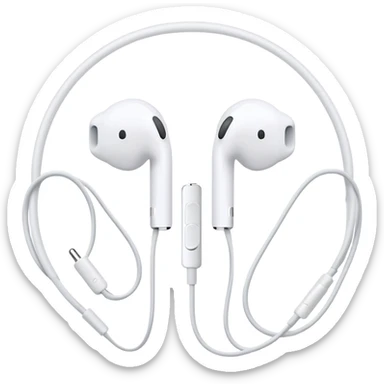 Ultra minimalist white Apple EarPods with cord coiled in a perfect circle, extremely simplified design with minimal details, basic clean outlines, just the essential shape of white headphones and wire in a circle, iOS style sticker
