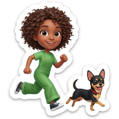 Une fille. Cheveux bouclée. Porte à maillot. Vert. Avec un chihuahua noir marron poil courut c'est une fille daisy tous les 2. Avec sa maîtresse avec. Et moi mmatichienne sticker