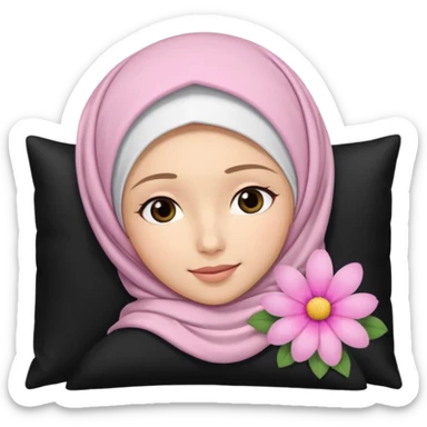 The image is a close-up selfie of a young woman wearing a white hijab. She is lying on her back with her head resting on a black pillow. She has a pink flower in her hair and is looking directly at the camera with a slight smile on her face sticker