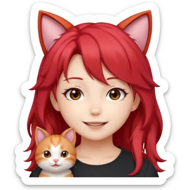 cute anime girl with cat ears, red blowing hair sticker