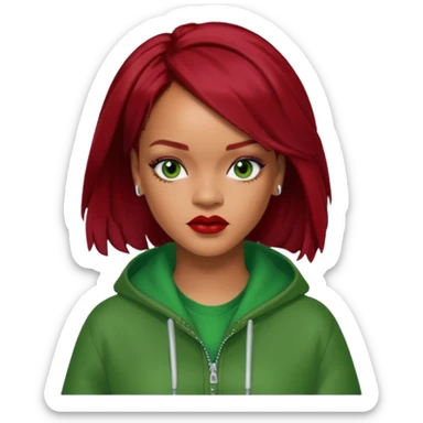Rihanna dark red hair, green outfit sticker