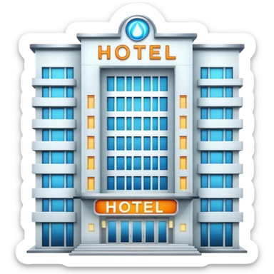 multi-story hotel building with many windows and glowing entrance sign sticker