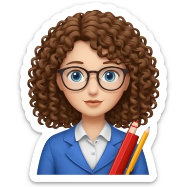 teacher blue eyes glasses curly brown hair long kind sticker