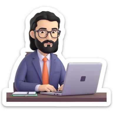 middle eastern businessman with medium length black beard, black hair, thick unibrow, elongated nose, tan skin, brown eyes, glasses, in business casual outfit, working on a notebook computer sticker