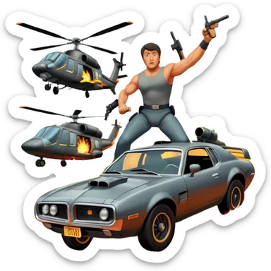 Icon for Action Movie: A vintage movie poster-style design featuring intense action scenes with explosions, weapons, and dramatic poses of Stallone. Include cars and helicopters flying out of flames in the background. Bold typography and retro cinematic style. Transparent background. sticker