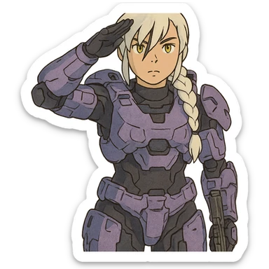 standing salute, weapons-at-arms, female, wearing reach spartan armor shoulder-unequip, long white braid hair with massive messy front side single bangs, gold yellow eyes, attention pose, D-cup size, HALO:series, no helmet, the armor is lavender color scheme, sticker