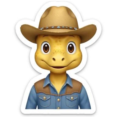 yellow dinosaor with cowboy helmet with cowbot clothes sticker