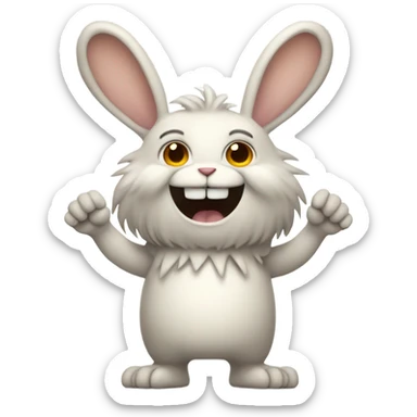Fluffy standing rabbit with skin colour hands feet and face of a monster with a wide grin across whole face with nine triangle teeth sticker