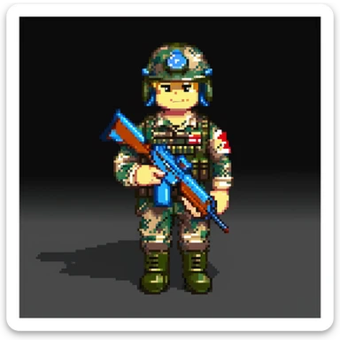 roblox military man, blocky character, wearing camouflage uniform, helmet, and boots, holding a toy rifle, simple background sticker