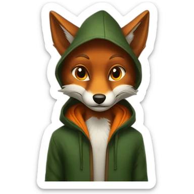 a small dark brown fox with orange eyes with a dark green hood that smile sticker