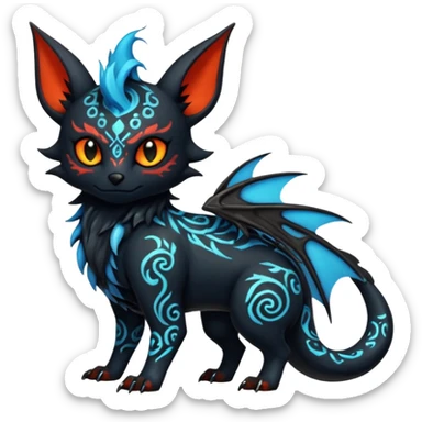 Shiny Fiery Dark Ugly Evil Realistic Glowing Eldritch Horror Cool Edgy Badass Emo Demonic Batty Dusky Ethereal Punky Aural Bioluminescent Hideous Canine-Litten-Amaura-Salandit-Noibat-Flareon-Fakémon-fusion (full body) with intricate pattern markings sticker