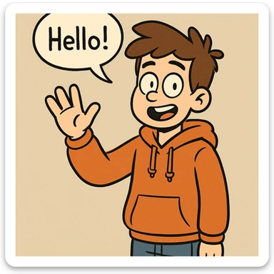 A boy brown hair how did say hello Orange hoodie blue jeans  sticker