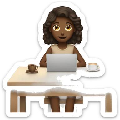 A girl at a table with a laptop. A a cup of coffee on the left side of the table. Books on the right side of the table. in beige tones sticker