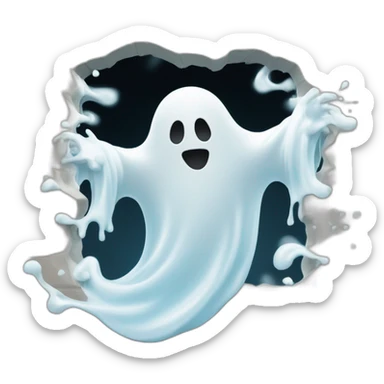 ghost stuck halfway in a wall ejecting a spray of white milky substance forward from center of body all over sticker