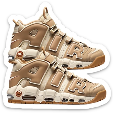 Two beige Nike Air More Uptempo sneakers arranged with one positioned behind the other, simple clean design with minimal details but distinct AIR lettering sticker