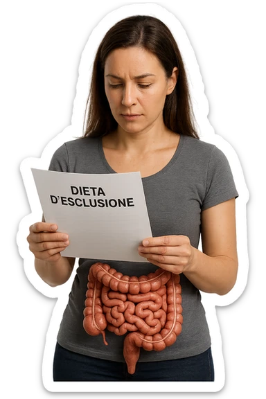 donna con intestino umano anatomico in evidenza che legge un foglio con la scritta "DIETA D'ESCLUSIONE, iperrealistica 4k sticker