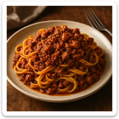 plate of pasta with rich bolognese sauce and diced meat, inviting, no text sticker