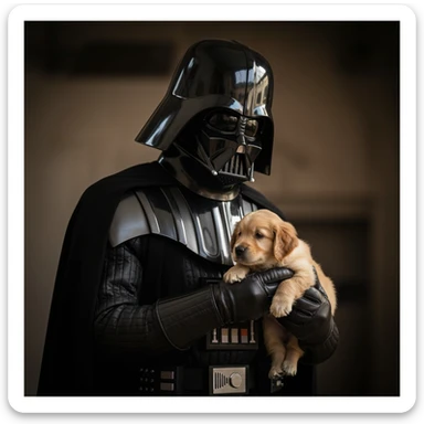 Photo of a darth vader holding puppy golden retriver, low key light sticker