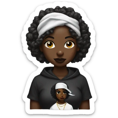 Darkskin girl with curly hair and a tupac shirt sticker