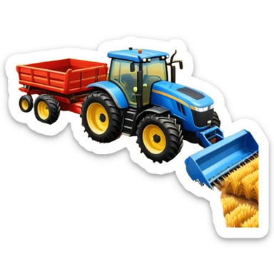 An icon representing a farming simulator, with a detailed tractor, plowing fields under a bright sky with a colorful rural landscape. The design includes farming tools, crops and barns, symbolizing the immersive experience of managing a farm. Transparent background. sticker