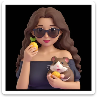 clean cheerful emoji of a young woman with medium skin tone, long wavy dark brown hair, black off-shoulder top, expressive warm eyes, soft smile, playful hamster in tiny sunglasses munching a seed on her shoulder, soft neutral color background, relaxed confident joyful vibe sticker