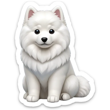 cinematic-[samoyed]-realistic-full-body-sitting-emoji,-tail-resting-loosely-beside-its-paws,-head-tilted-dramatically, -fluffy-[white]-fur,-simplified-yet-realistic-focused-features,-highly-detailed,-glowing-with-an-almost-sarcastic-glow sticker