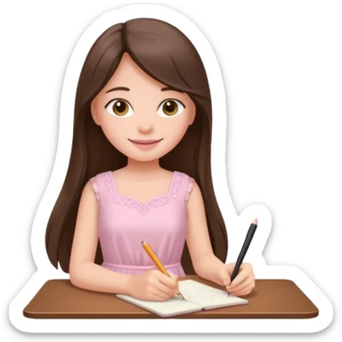 pretty smiling long brunette hair girl with hazel eyes wearing light pink dress writing sticker