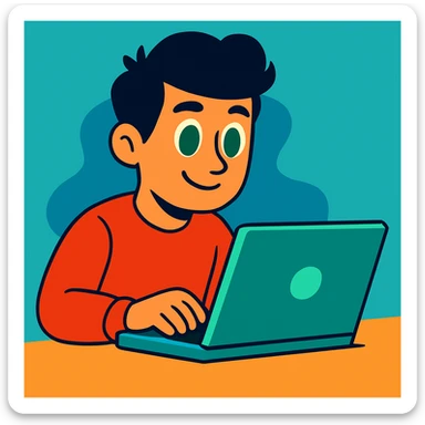 Change the man's hairstyle to a different style, keep him with dark hair and green eyes working on a laptop, vibrant cartoon style, simple background. sticker