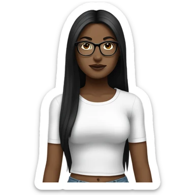 White girl with long straight black hair wearing a white crop top and glasses full body sticker