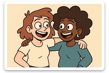 two best friends together, cheerful, modern cartoon style sticker